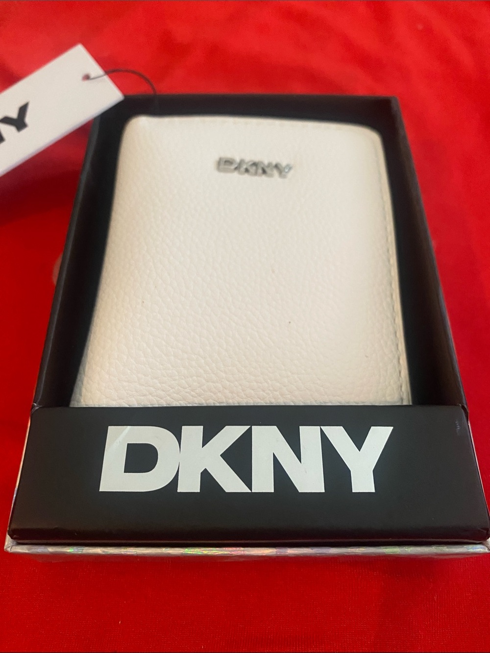 DKNY White Pebbled Leather Phone Wallet Case with Logo